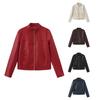 2025 Fall Womens Casual Leather Jacket Street Style Stand Collar Zip Up Biker Coat PJ46