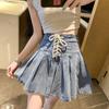 Women's Fashion Anti-Walking Denim Pleated Skirt Corseted Half-body Skirt With Lined Word Short Skirt