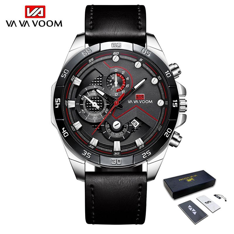 VA VA VOOM Спортивные часы для мужчин, модные кварцевые часы, лучший бренд класса люкс в стиле милитари, водонепроницаемые наручные часы из нержавеющей стали с хронографом и кожаным ремешком