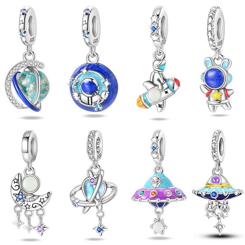 100% 925 Silver Luminous Rabbit Astronaut Planet Spaceship Charms Beads Fit DIY 925 Bracelets Necklace Jewelry
