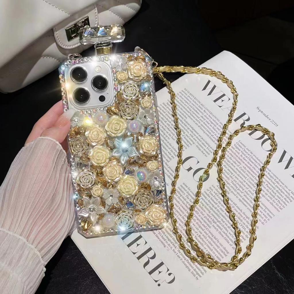 Красочный хрустальный чехол с цветами розы для Samsung S23 S22 S21 S20 Ultra Crossbody со стразами, чехол в форме флакона духов для iphone 15 14 3 12 11 Pro Max