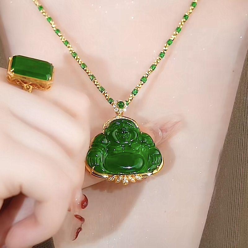 New imitation jade Buddha Gong pendant women's gold-plated jade Buddha Maitreya Buddha laughing Buddha jade pendant necklace sweater chain