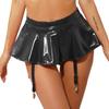 Womens Wet Look Patent Leather Ruffle Skirt Built-in Thongs Garter Belts Metal Clips Miniskirt Party Clubwear