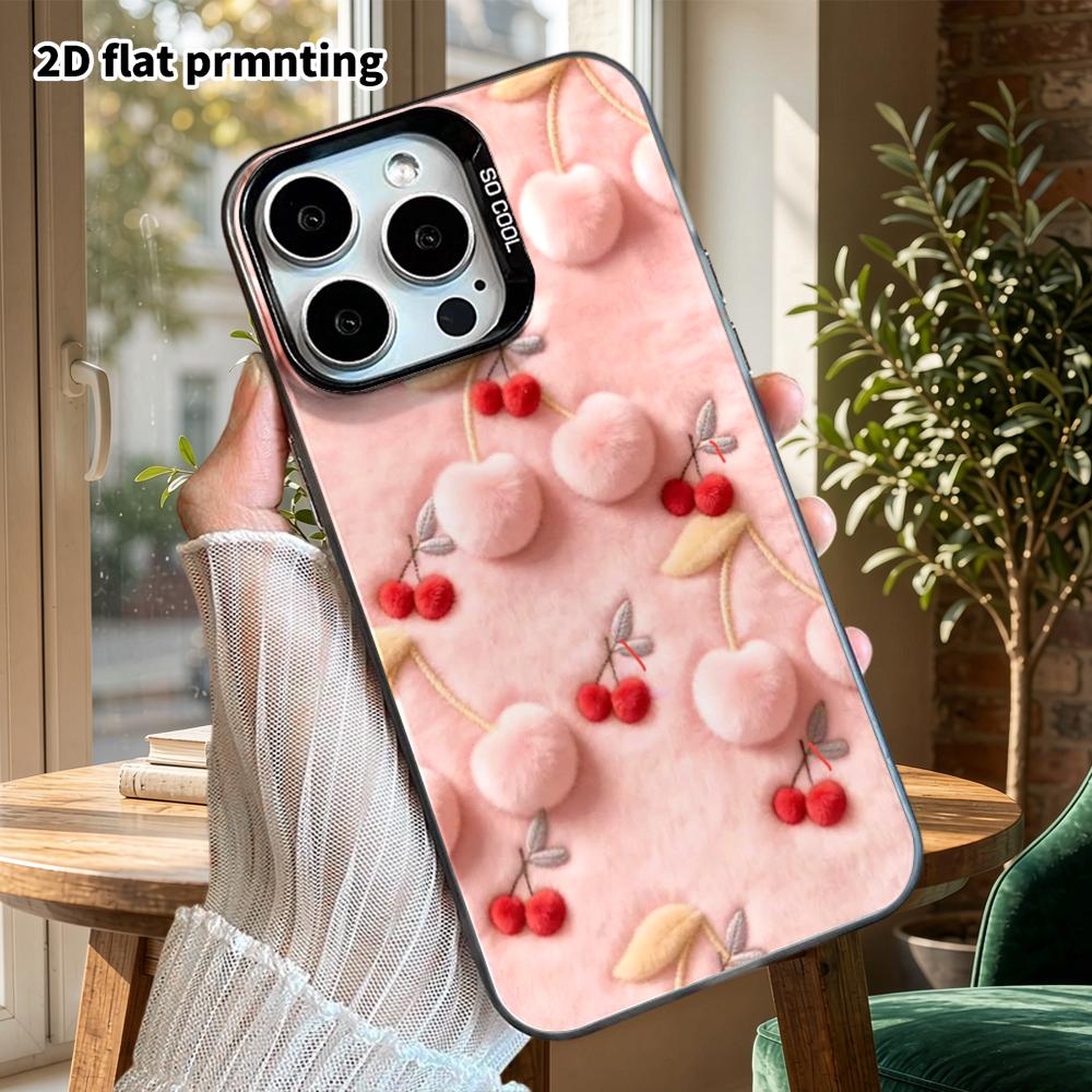 Phone Case: 2D flat design suitable for iPhone 18, 17, 16, 15, 14, 13 Pro, color silver protective case, couple style, pink cherry plush, Christmas an