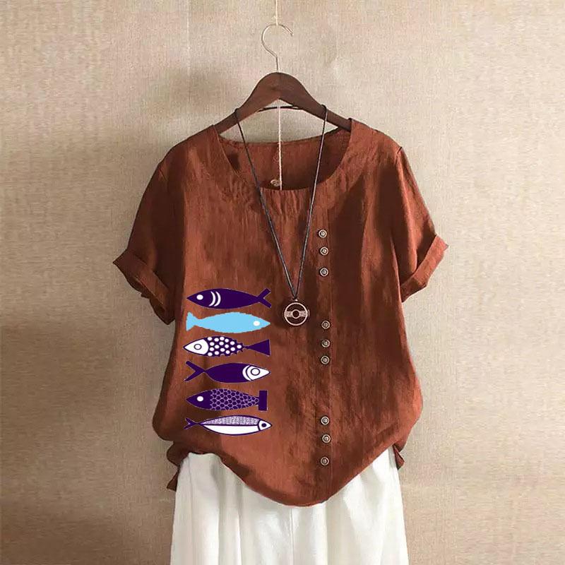 2025 Хлопковая женская одежда с ретро-узором в виде рыбки, повседневная свободная футболка из хлопка и льна с короткими рукавами, женская одежда, большой размер