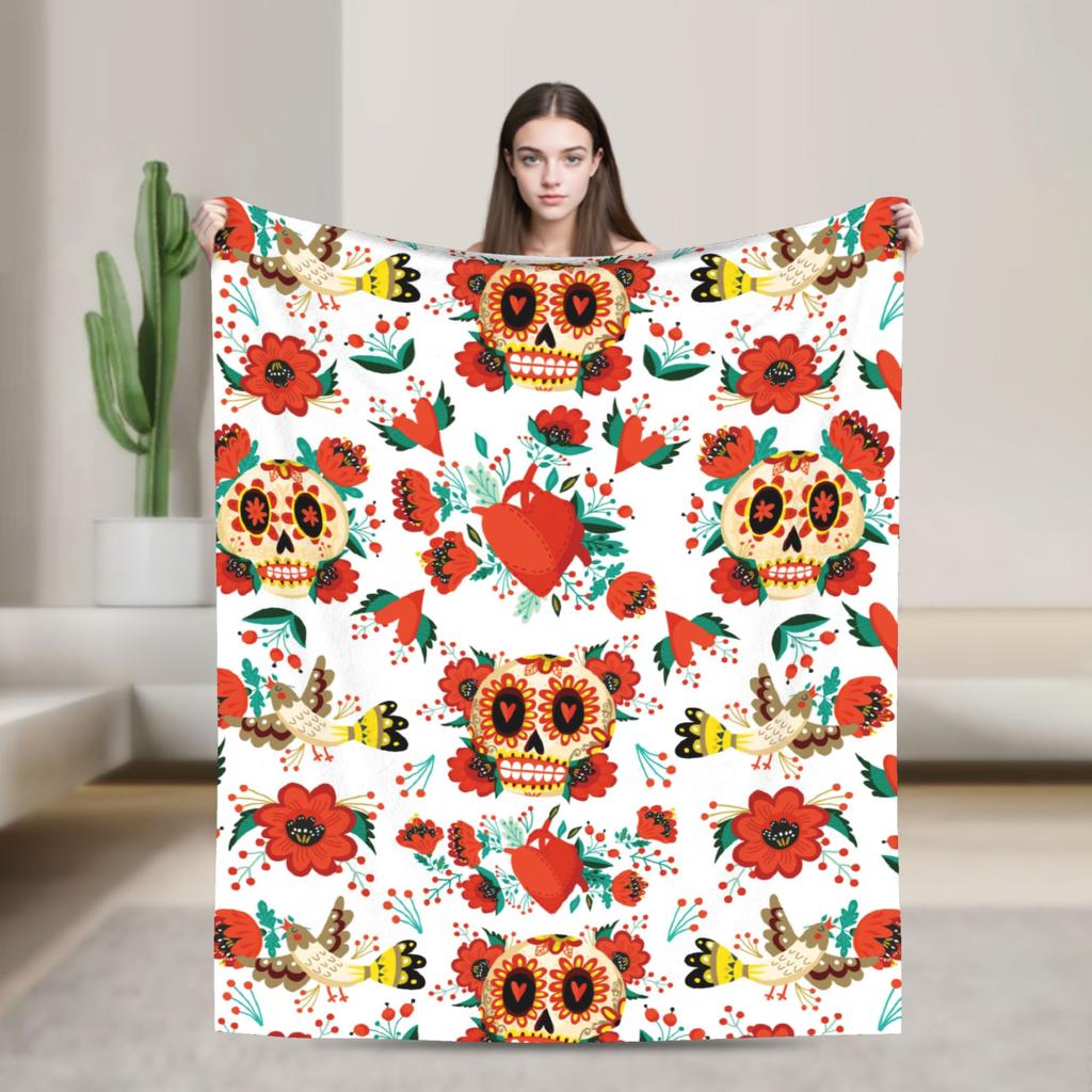Sugar Skull Day of the Dead Blankets Gothic Mexican Skeleton Halloween Flannel Funny Warm Throw Blankets for Home Spring/Autumn