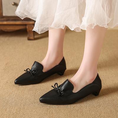Модные новые весенние женские туфли из натуральной кожи с острым носком в французском стиле, женские туфли-лодочки с бантом, женские туфли на низком каблуке