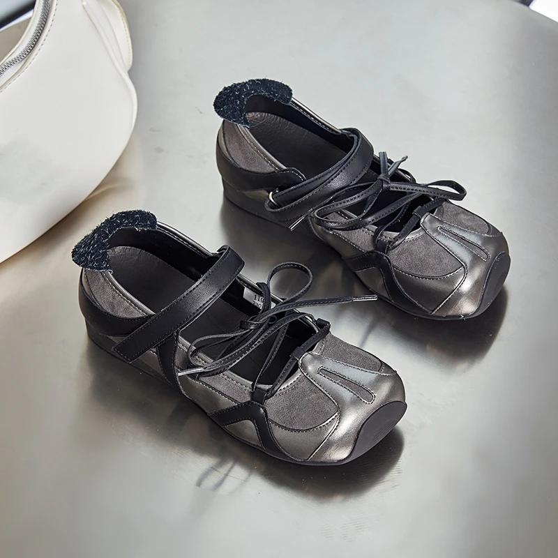 Модная женская обувь из натуральной коровьей кожи, новинка 2025 года, женские балетки Мэри Джейн на плоской подошве, нескользящие, на шнуровке, женские лоферы, большой размер