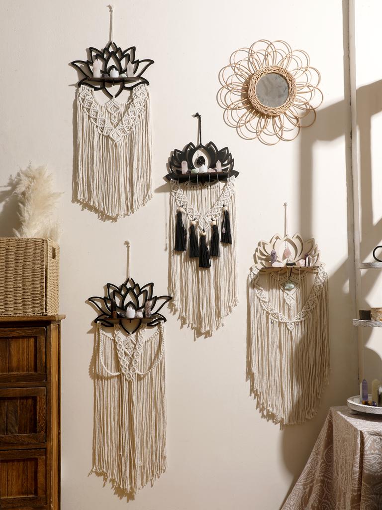 Handwoven Tapestry Art Lotus Macrame Wall Hanging Woven Crystal Shelf Black Wooden Wall Shelves Boho Floating Wall Shelf Gifts