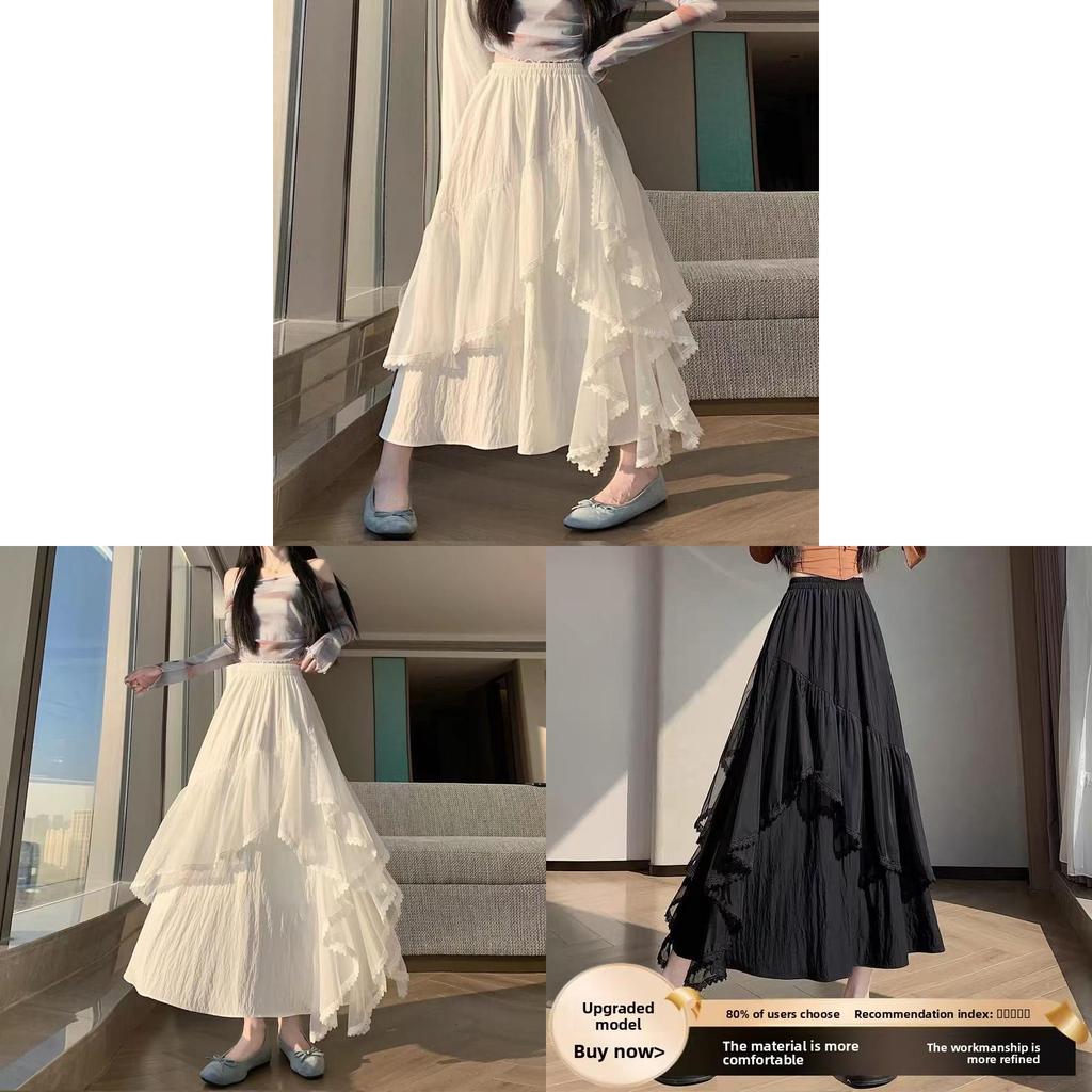 Cotton Blended Irregular Lace Maxi Skirt With Ruffle Hem For Fashion Women