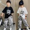 Boys Summer Thin Round Neck Printed Short Sleeve + Wide Leg Trousers Casual Two-piece Set