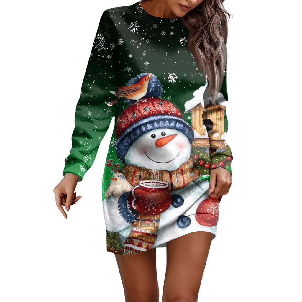 Платье с длинным рукавом для женщин, повседневное рождественское пуловер с принтом, платье на бедрах, платье-свитер