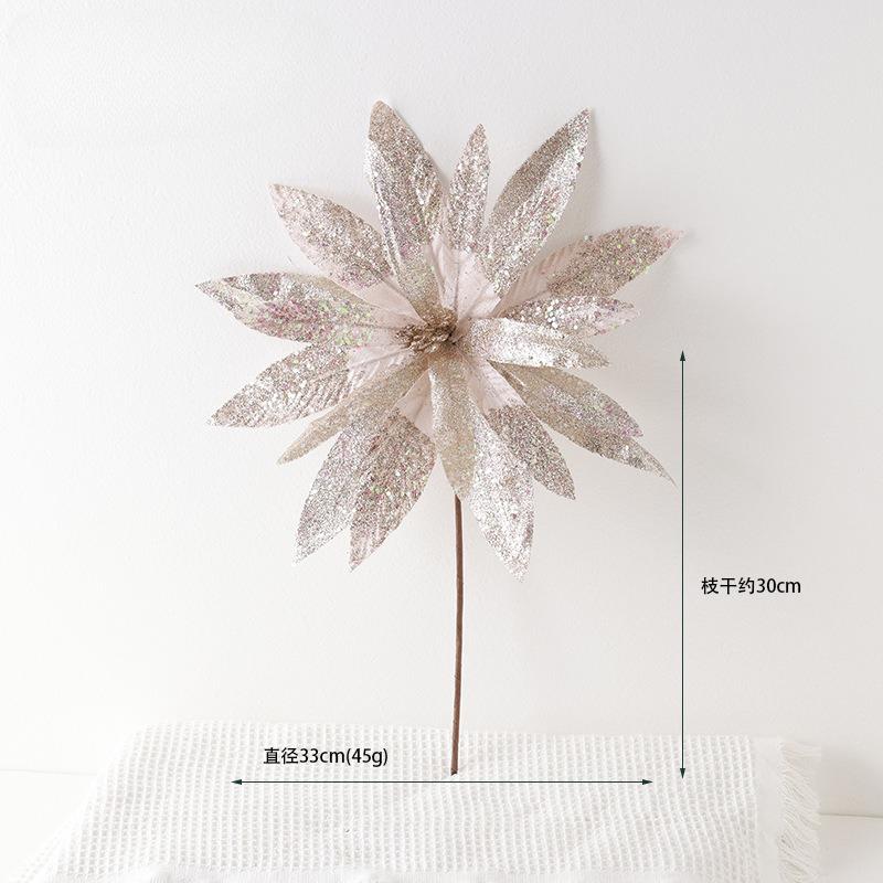 New White Christmas Flower Christmas Tree Ornament 33cm Large Sticky Powder Champagne Simulation Flower