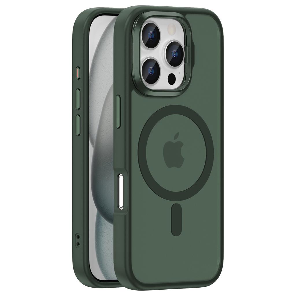 For iPhone 16 Pro Max Magnetic Case Anti Drop TPU + PC Phone Cover with Lens Frame Kickstand