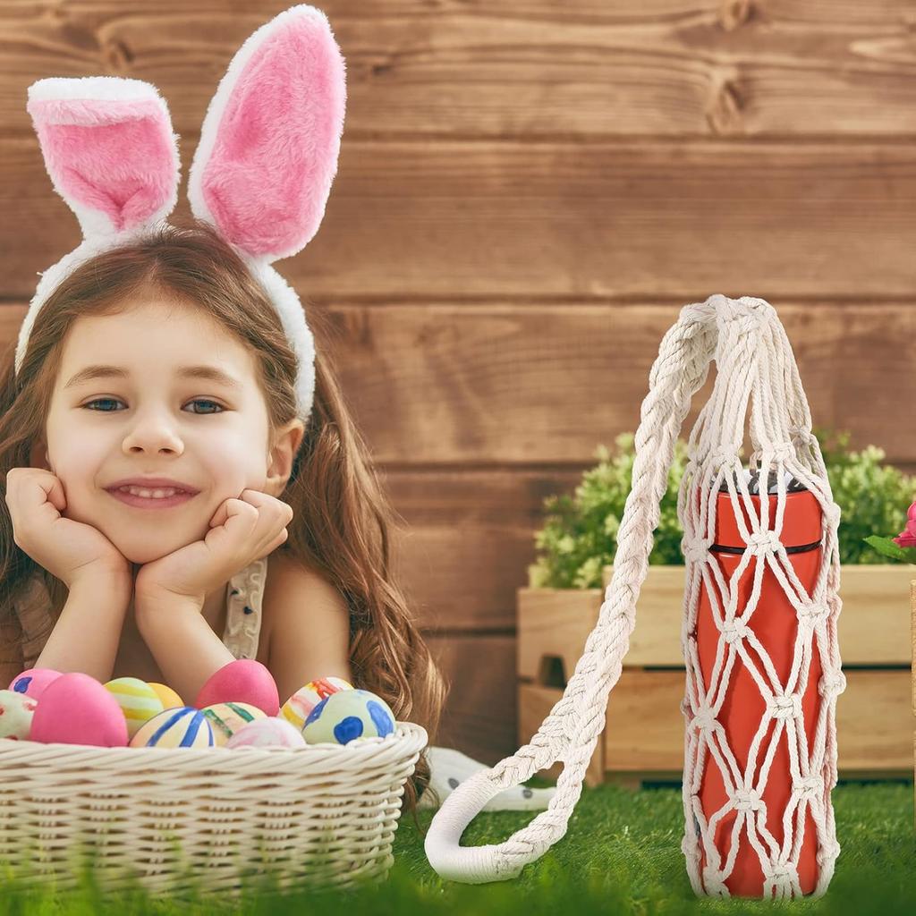 Lothee 2 Pcs Macrame Water Bottle Carrier Cotton Water Bottle Bag Long Strap Boho Water Bottle Holder Woven Macrame Bottle Holder for Adult Sling