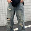 Мужские джинсы с рваными дырками, широкие брюки, прямые потертые свободные хип-хоп уличные брюки, повседневные мужские длинные брюки с несколькими карманами, длинные брюки