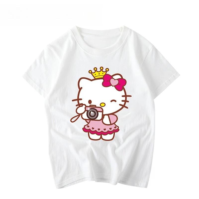 Лето 2026 новая детская футболка hello kitty граффити мультяшный принт чистый хлопок дышащая родитель-ребенок мода короткий рукав