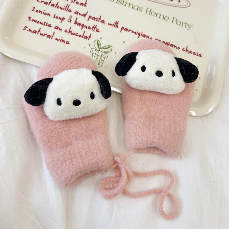 Новые детские перчатки Милые мультяшные куклы Вязаные варежки Зимние теплые Плюс бархат Утолщенные Перчатки на шнурке