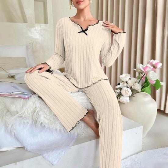 2 шт./комплект весенний женский топ и брюки костюм с длинными рукавами V-образный вырез бант сборка декор топ эластичная талия нитки брюки наряд домашняя одежда пижама комплект