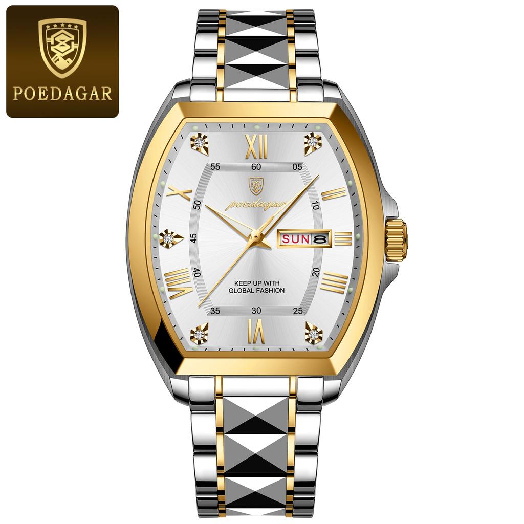 POEDAGAR Luxury Stainless Steel Watches for Man Luminous Waterproof Date Week Men Watch Tonneau Case Men's Quartz Watches