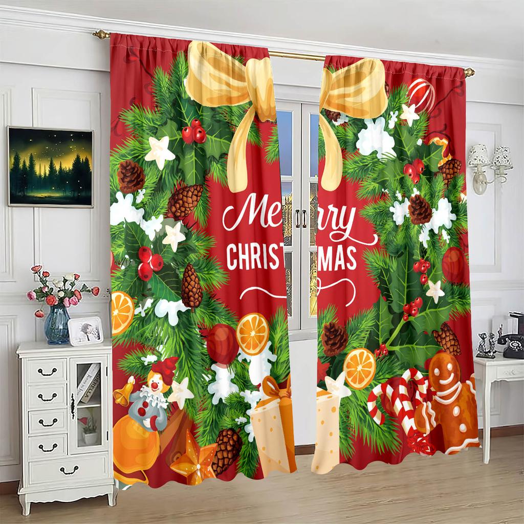 2pcs- Happy Christmas - Printed Curtains, 42*84 Pole Bag Curtains, Bedroom Living Room, Party Room Decoration