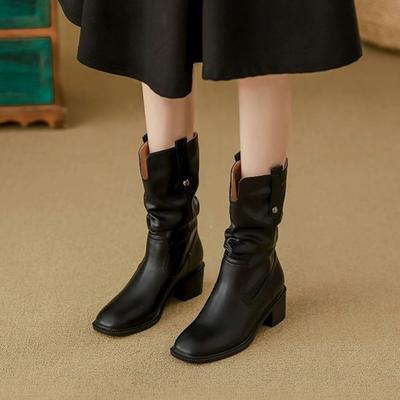 Женские полусапоги из кожи с круглым носком до середины икры, на флисовой подкладке, на среднем каблуке, новинка моды 2025, водонепроницаемые сапоги в стиле Y2k