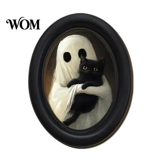 Holiday Gift for Art Lovers Halloween Gothic Oval Wooden Hanging Plaque, Vintage Black Cat Ghost Wall Waterproof Wood Decor Sign, Retro Decorative