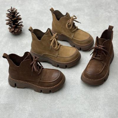 Короткие ботинки ручной работы из натуральной кожи в стиле ретро с толстой подошвой и круглым носком, со шнуровкой для женщин