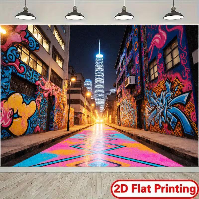 2D Urban Graffiti Night City Backdrop Neon Street Art Skyscraper Background
