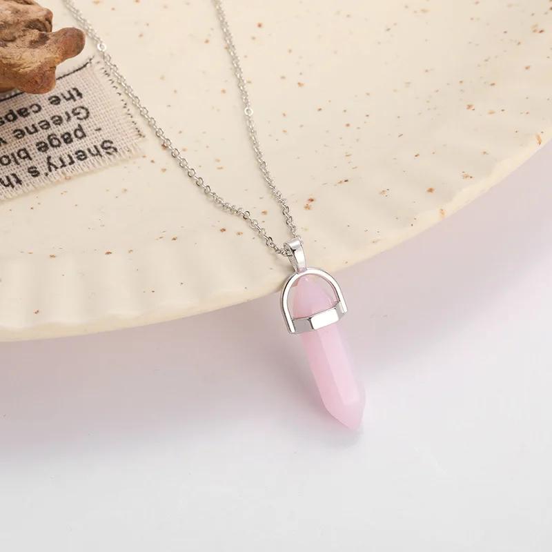 Hexagonal Column Pointed Reiki Chakra Natural Stone Pendant Necklace Women Girl Gift18inch Chain Lapis Opal Chunky Jewelry