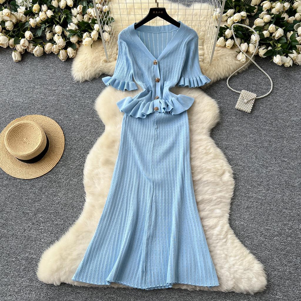 Ретро вязаный свитер с оборками, сексуальный однобортный, элегантный, А-силуэт, длинное вечернее платье макси, женская мода, летняя одежда