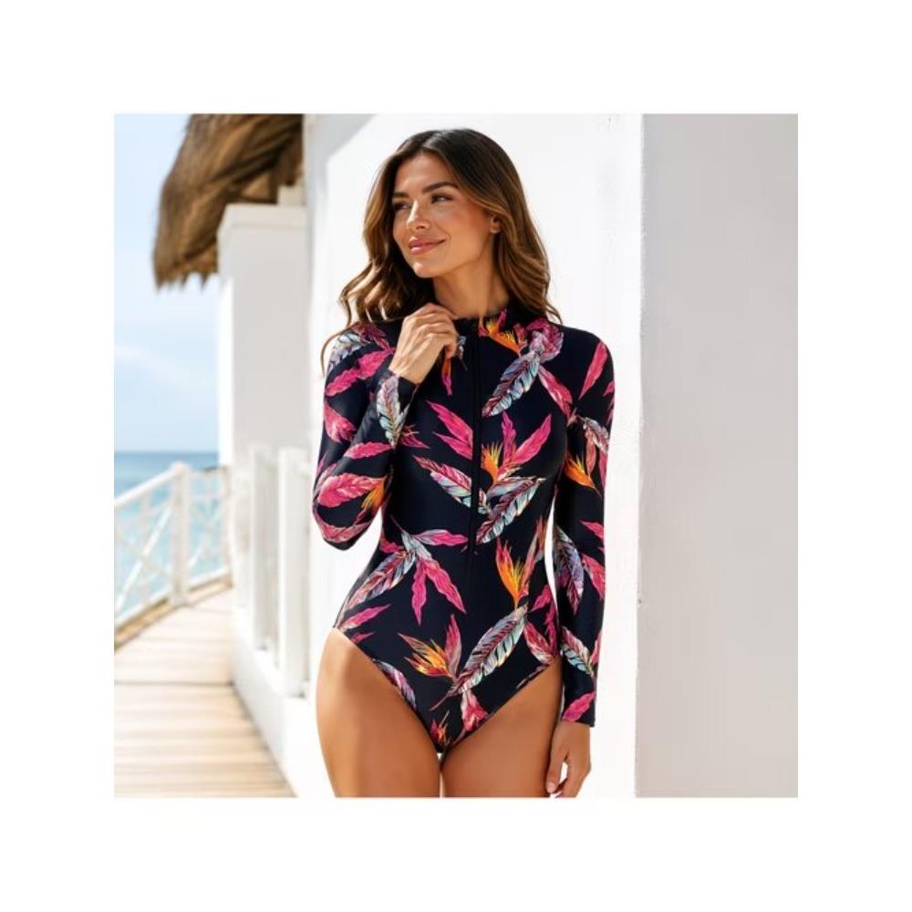 Women Long Sleeve One Piece Swimsuit Zip Front Ink and Wash Flowers Print Rash Guard Surfing Bathing Suit