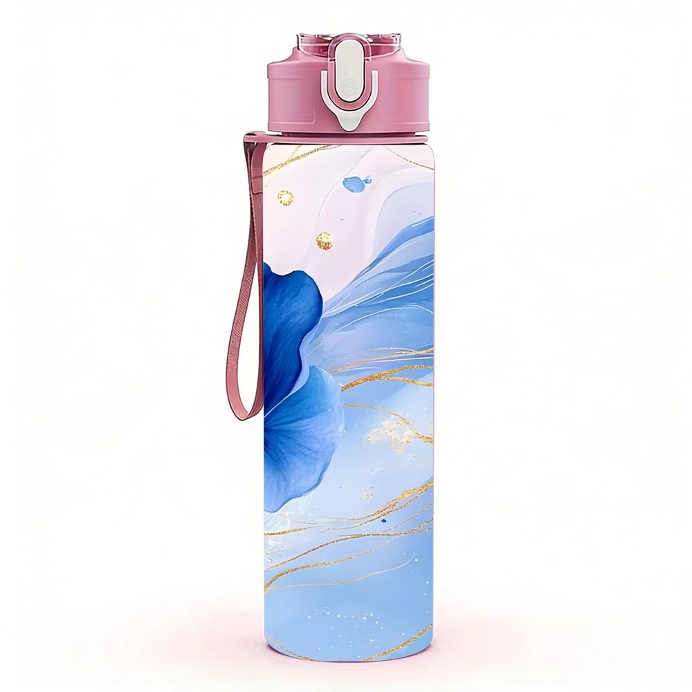 1PC Soft Blue Orchid Flower Translucent Petal Art 750ml Color Plastic Sports Water Bottle Leakproof Flip Straw Lid Suitable for Sports Office Home Use