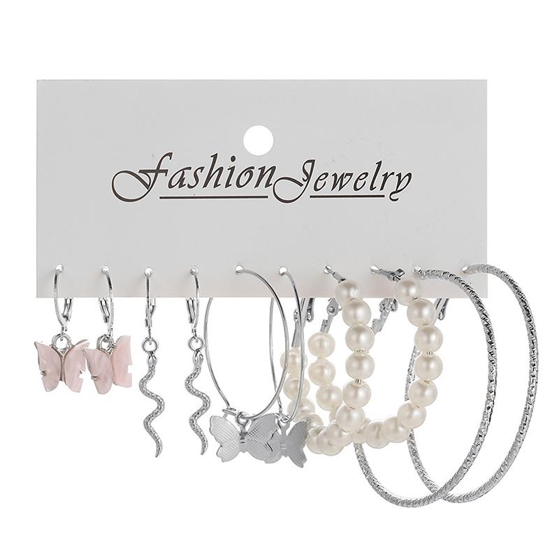 5 пар больших серебряных круглых сережек-колец с жемчугом для девочек, серьги-подвески в виде змеи и бабочки, комплект женских ювелирных изделий