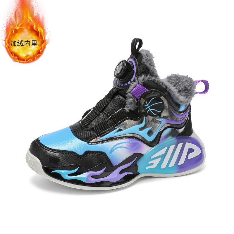 Фабричные зимние детские хлопковые ботинки модные универсальные спортивные ботинки теплые уличные нескользящие бархатные кожаные баскетбольные кроссовки