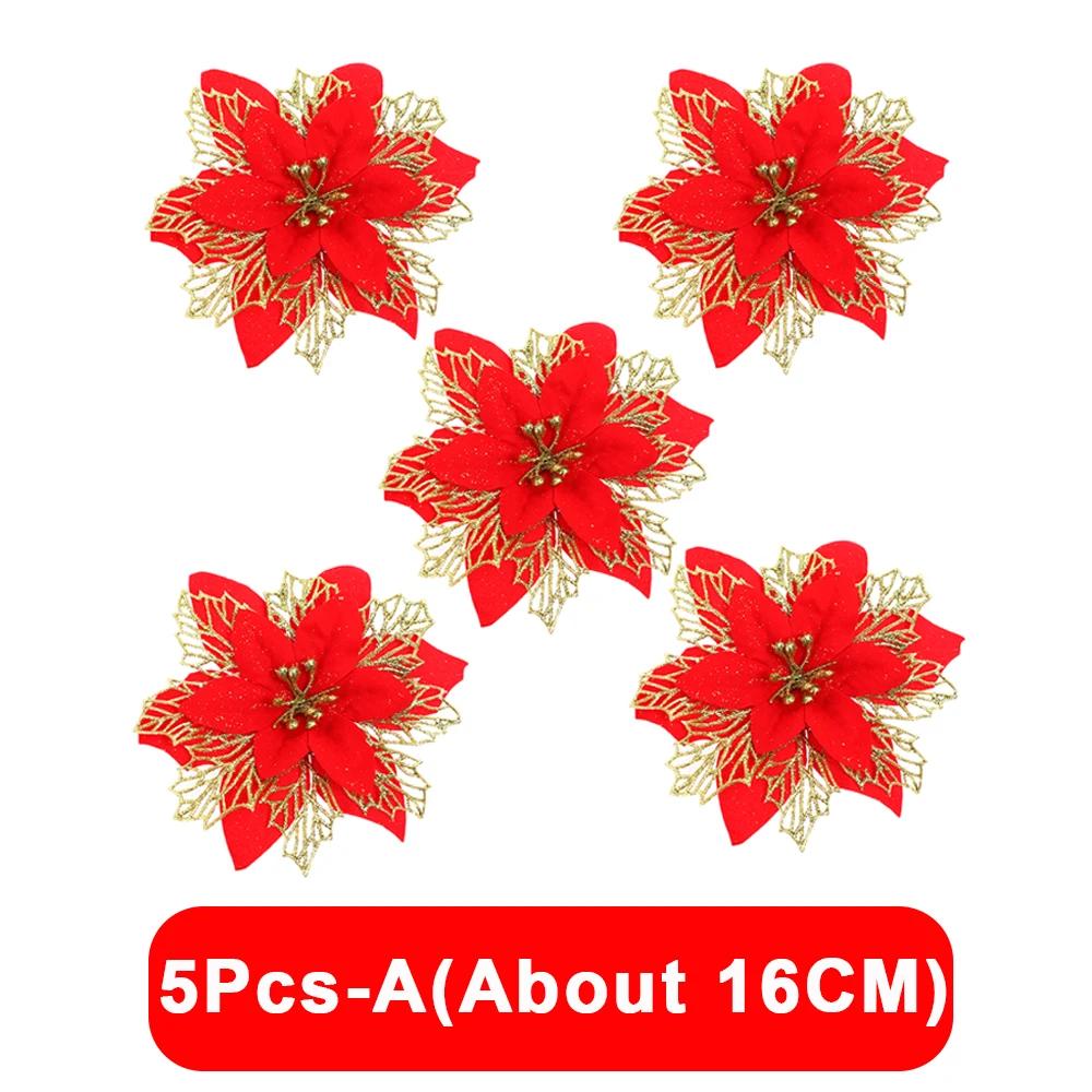 5/1Pcs Christmas Glitter Artificial Flowers DIY Christmas Tree Hanging Ornaments Fake Flower For Xmas New Year Party Decor Gifts