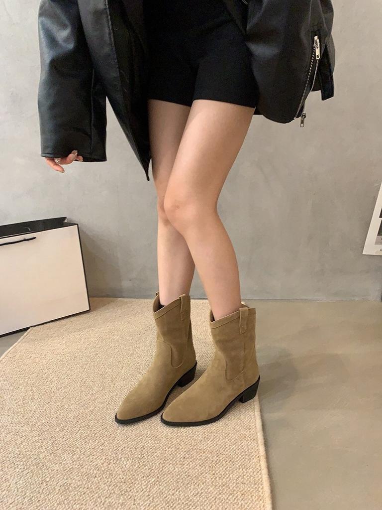 Thick Heel Pointed Retro Brown Western Cowboy Boots Women's Shoes 2024 New V-mouth Short Boots Spring and Autumn Martin Boots