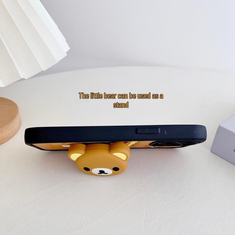3D стерео силиконовый чехол Rilakkuma для iPhone 15/16/17 с подставкой, противоударный, милый мультяшный дизайн