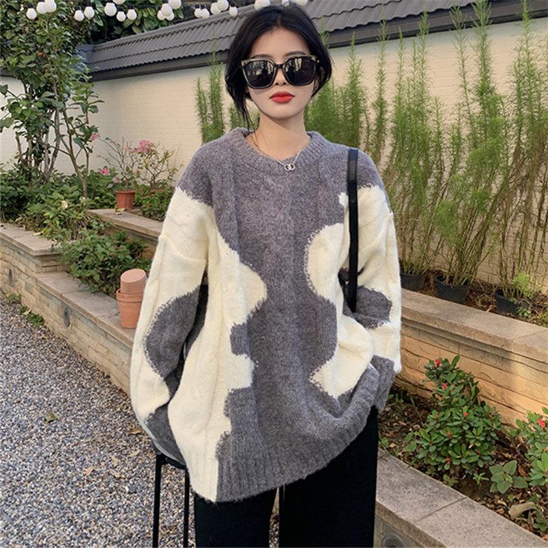 Свитер женский осенне-зимний, томный стиль, ретро контрастный пуловер с граффити, трикотаж, свободный топ