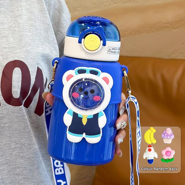 550ML Cute Cartoon Bear Thermos Water Bottle Straw Thermal For Kids Girs Portable School Stainless Steel Themo Insulation Cup