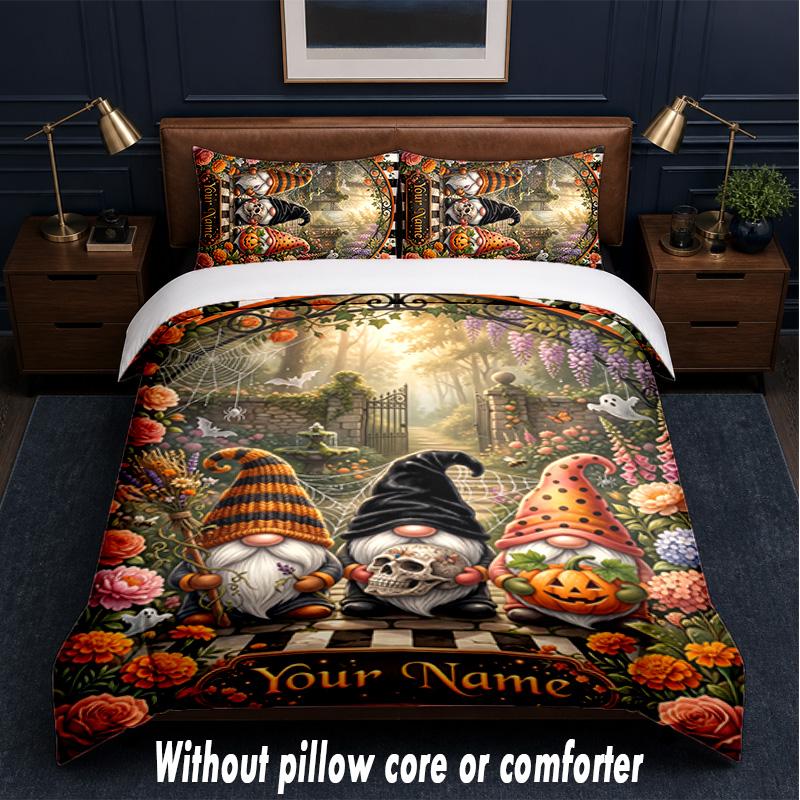 Gnome Theme Custom Text Or Name 3Pcs Bedding Set,1 Flat Sheet & 2 Pillowcases Personalized Home Bedding