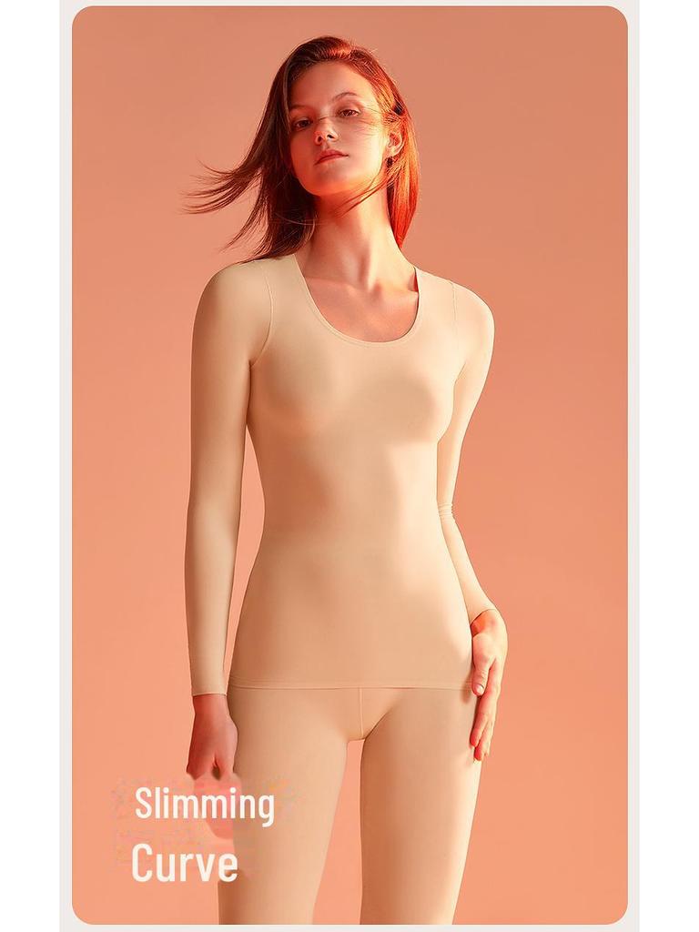 Женский ультратонкий бесшовный термобелье — телесного цвета, высокая эластичность, невидимое тепло, идеально подходит для осени и зимы.