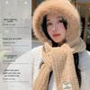 Autumn and Winter Plush Hat, Women's Large Head Circumference, Windproof Ear Protection Scarf, Integrated Hooded Thickened Warm Wool Hat
