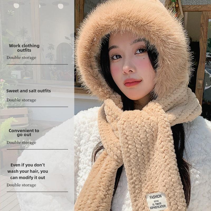 Autumn and Winter Plush Hat, Women's Large Head Circumference, Windproof Ear Protection Scarf, Integrated Hooded Thickened Warm Wool Hat