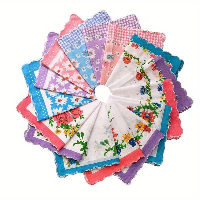 12pcs Women Cotton Printed Handkerchief Pocket Square Blossom Design with Wavy Edge Women Handkerchiefs
