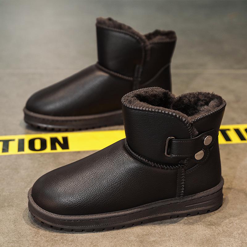 Зимние кожаные водонепроницаемые сноубутсы мужские хлопковые ботинки нескользящие и теплые утолщенный бархат короткое голенище толстая подошва удобные мужские хлопковые ботинки
