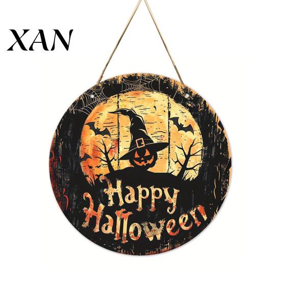 Front Door Welcome Plaque Halloween Wooden Sign, Round Hanging Pendant with Lanyard, Retro Distressed Pumpkin Sign Wood Skeleton/Pumpkin/Clown