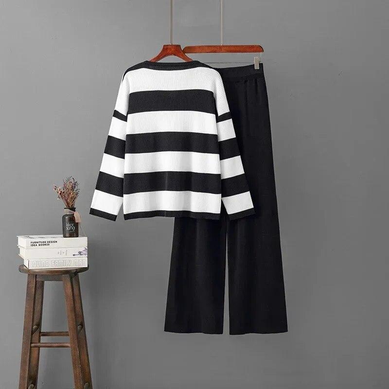 Two-piece Sets Vintage Elegant V-neck Long-sleeved Contrast Striped Knit Sweater Women Tracksuit High Waist Draped Pants Sets