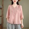 Летняя Новая Художественная Блузка с Рукавом Три Четверти Вышитая Свободная Повседневная Блузка Ретро Топ на Пуговицах