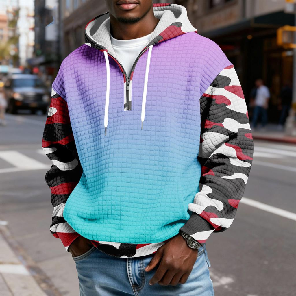 Мужской худи-пуловер в клетку с капюшоном на молнии до середины, со шнурком и принтом, повседневная спортивная толстовка